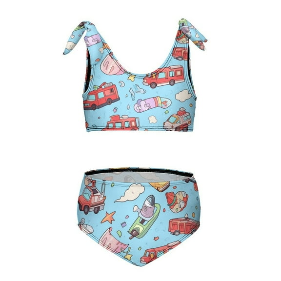 Excavator Fire Truck Racing Two Piece Swimsuit Set, Bikini Swimsuit Suitable for Little Girls