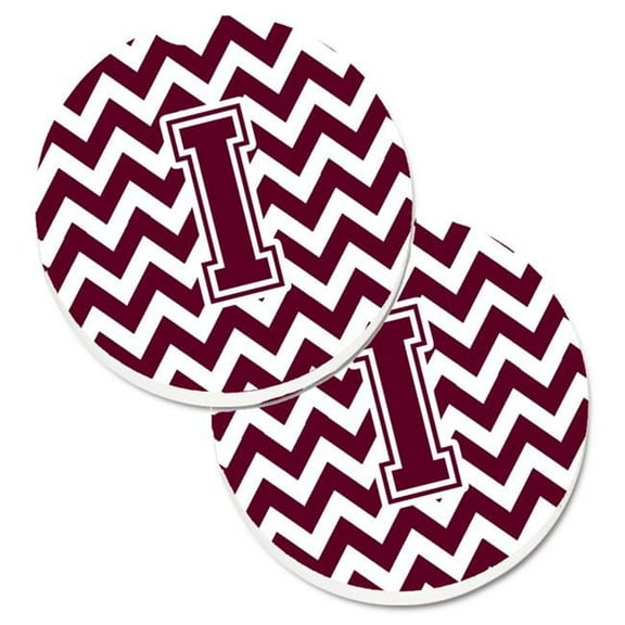 Letter I Chevron Maroon & White Set of 2 Cup Holder Car Coaster