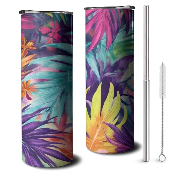 20oz Colorful Tropical Leaf Pattern Skinny Tumblers Stainless Steel Tumbler with Lid and Straw,Vacuum Insulated Double Wall Travel Tumbler Cups with Cleaning Brush for Coffee,Tea
