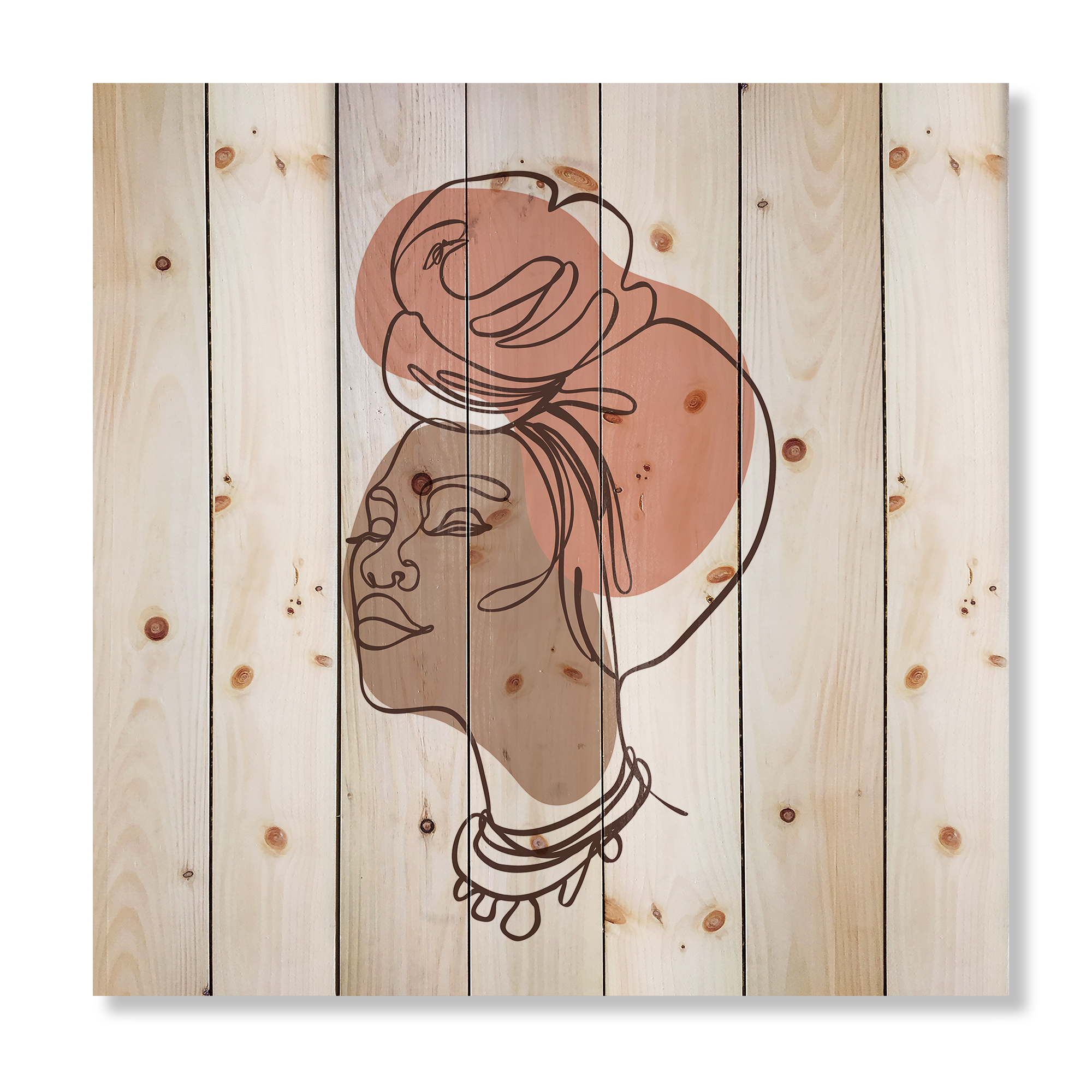 Designart 'One Line Portrait of Afro American Woman IV' Modern Print on Natural Pine Wood