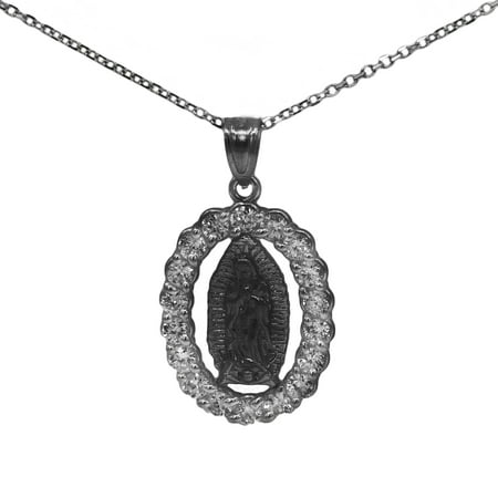 14k Black Rhodium Gold Cubic Zirconia Our Lady of Guadalupe Religious Pendant Necklace with 18" Chain