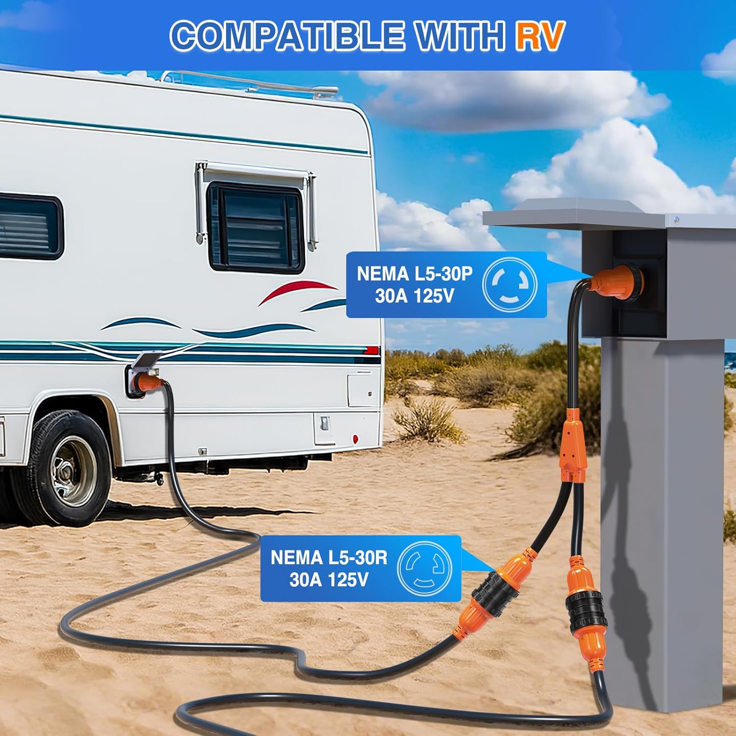 Nilight 30 Amp RV Marine Boat Shore Power Y Splitter Adapter Cord NEMA L5-30P L5-30R 125V 3750W Cords w/Locking Rings & Waterproof Seals ETL-Listed 10 AWG STW for RVs Boats Yachts Campers