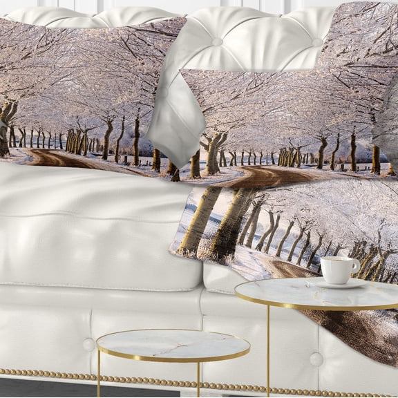 Designart Trees And Road in White Winter - Landscape Printed Throw Pillow - 12x20