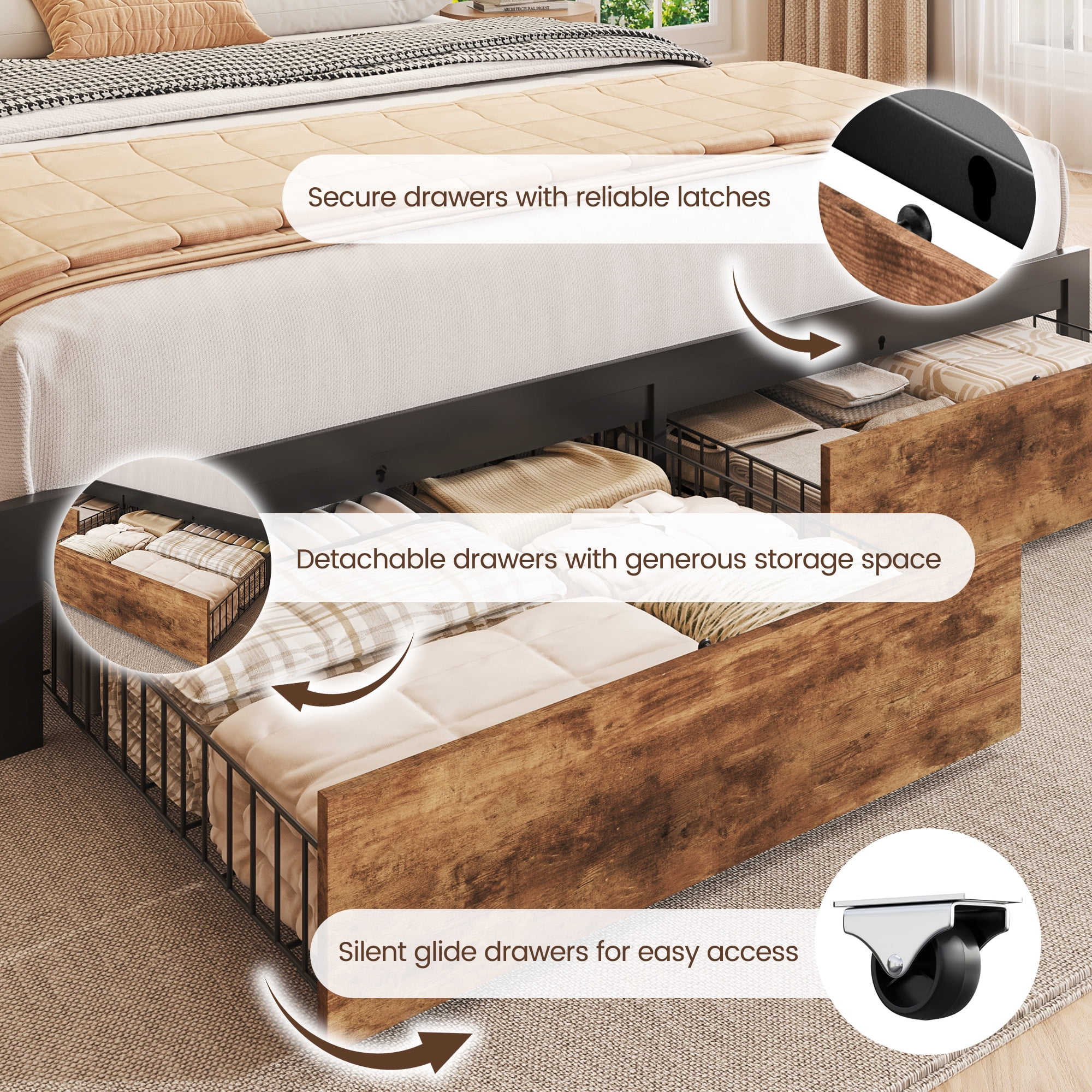 Lifezone Queen Bed Frame with 2-Tier Storage Headboard, Metal Bed Frame with Storage Drawers & Built-in Charging Station & LED, Noise-Free, No Box Spring Needed, Easy Assembly, Retro Brown