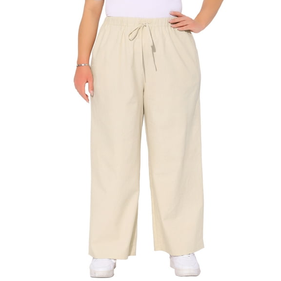 DARING DIVA Women's Plus Cotton Linen Summer Palazzo Pants with Pockets 1X Apricot