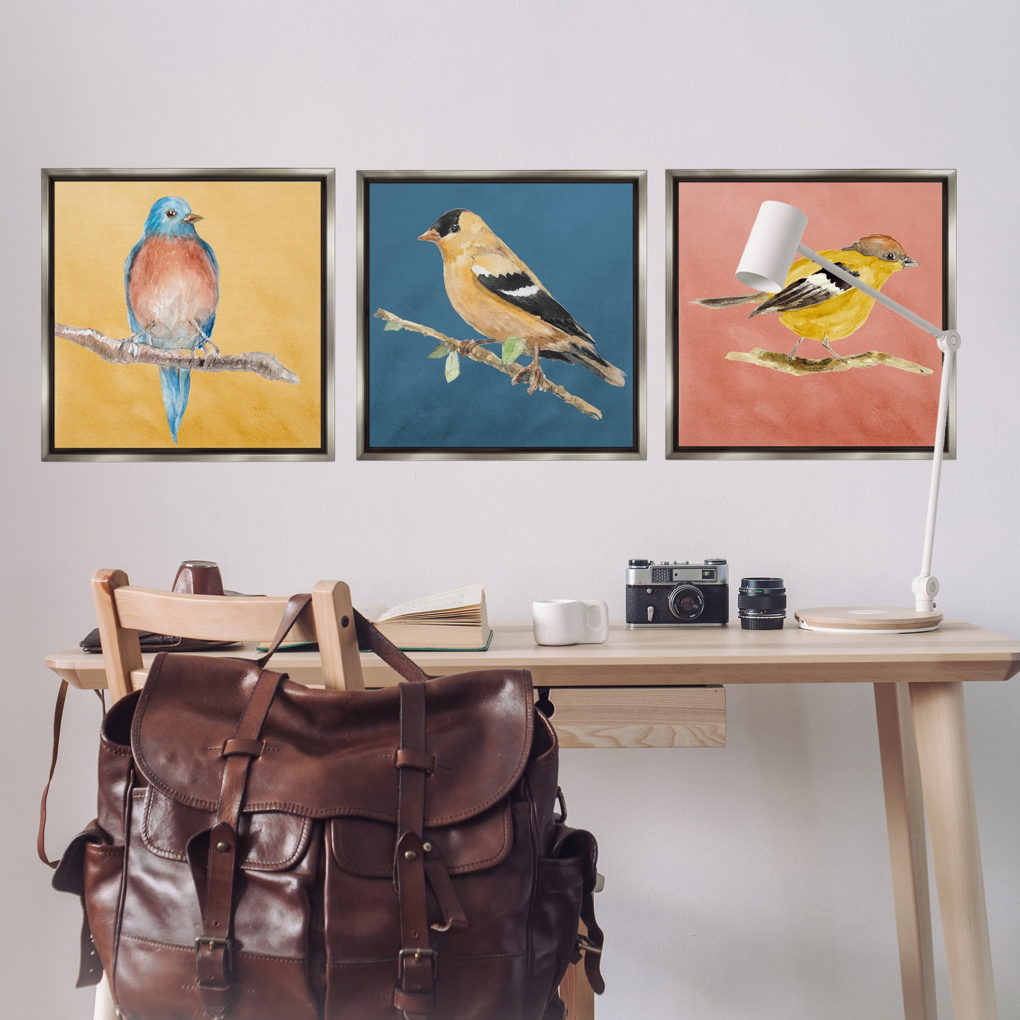 Stupell Industries Brilliant Birds on Branches Animals Painting Gray Floater Framed Canvas Art Print Wall Art, 25 x 25, Set of 3