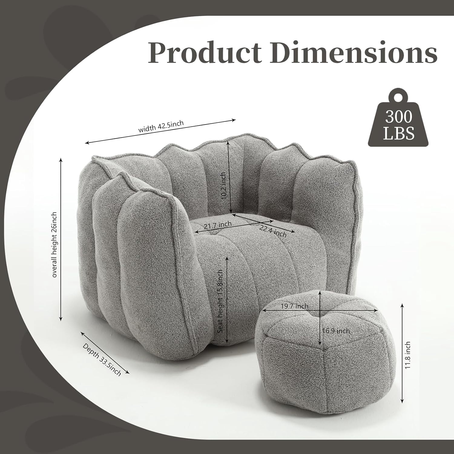 Tabaray Bean Bag Chairs with Ottoman, Bean Bag Couch for Adults, Bean Bag Sofa with High Resilient Foam, Modern Lazy Sofa Chair with Armrests for Living Room, Bedroom, Gaming Room, Apartment Grey