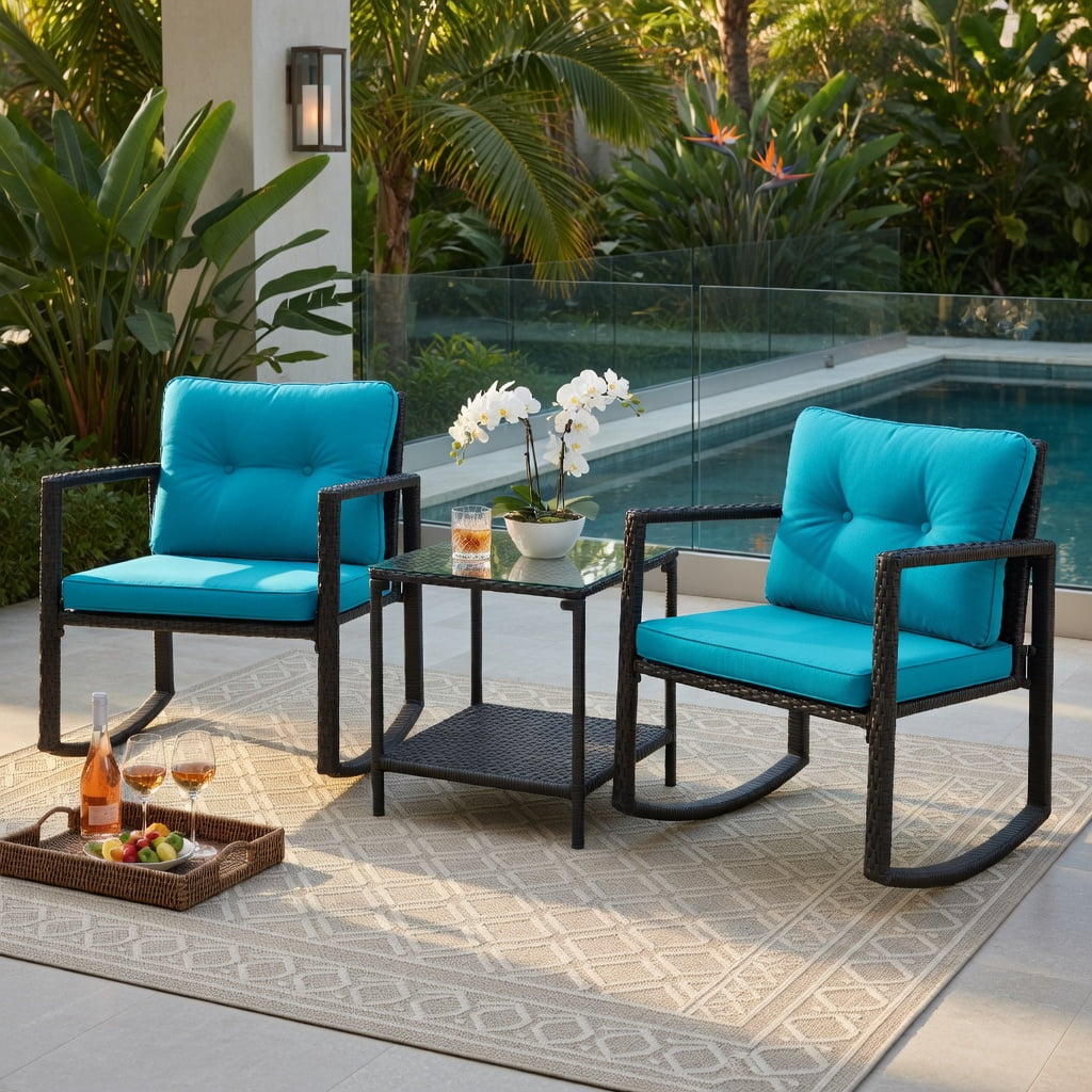 Hommoo 3-Piece Outdoor Wicker Rocking Bistro Set with Tempered Glass Coffee Table & Storage Shelf, Turquoise