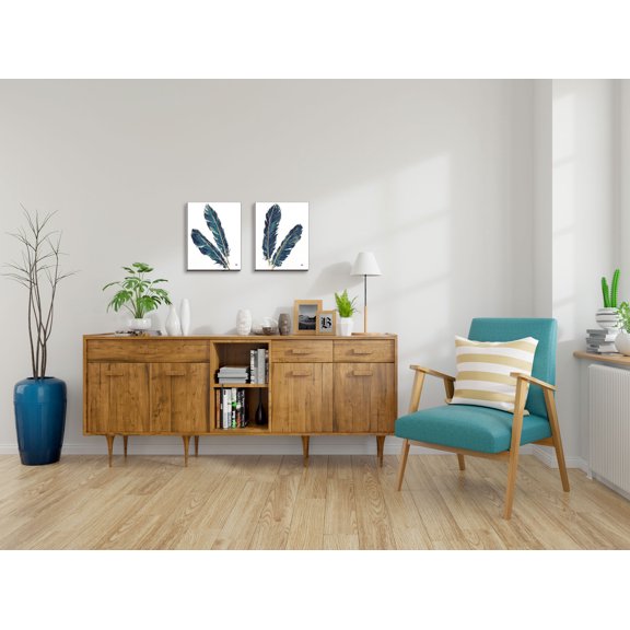 Gango Home Decor Contemporary Gold Feathers III & IV Indigo Crop; Two 11x14in Hand-Stretched Canvases