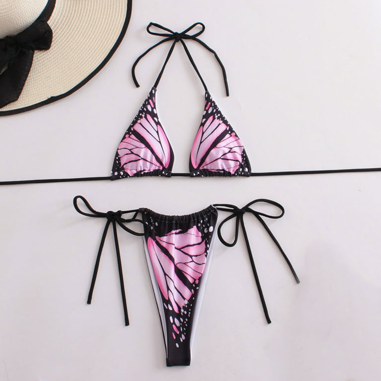 ZQGJB Womens Trangle Bikini Set Cute Butterfly Print Push Up Padded Bathing  Suit with Side Tie Bottoms Two Piece Split Swimsuit Beachwear(Hot Pink,S)