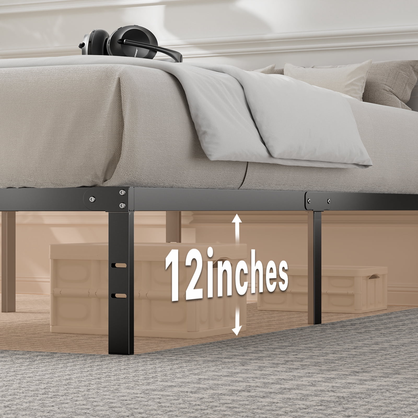 GIANNA Heavy Duty King Size Metal Platform Bed Frame with 14" Under Bed Storage, No Box Spring Needed
