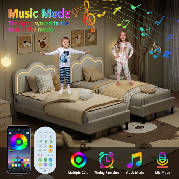 Twin Size Upholstered Platform Bed Frame with Adjustable Mountain Headboard, RGB LED Lights, Noise-Free Wooden Slat Support, No Box Spring Needed, Modern Kids Bedroom Furniture, Beige