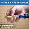 thumbnail image 3 of NEIKO 10605A Step Drill Bit, 6 Steps 3/16" to 1/2" Spiral High Speed Steel, Titanium Nitride Coated, 1/4" Quick Change Step Bits for Steel, Metal, Wood, Plastic, Unibit Cone Drill Bits, Two Flute, 3 of 7