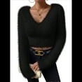 thumbnail image 1 of Suéter Corto de Larga con Cuello en V para Mujer, Informal, Liso, Ajustado, Cálido, de Punto Negro M, 1 of 8
