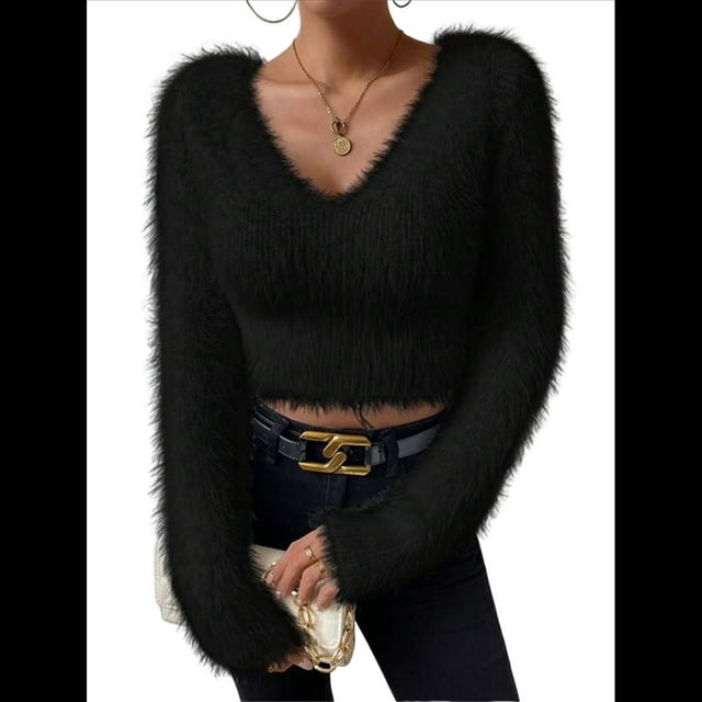Suéter Corto de Larga con Cuello en V para Mujer, Informal, Liso, Ajustado, Cálido, de Punto Negro M