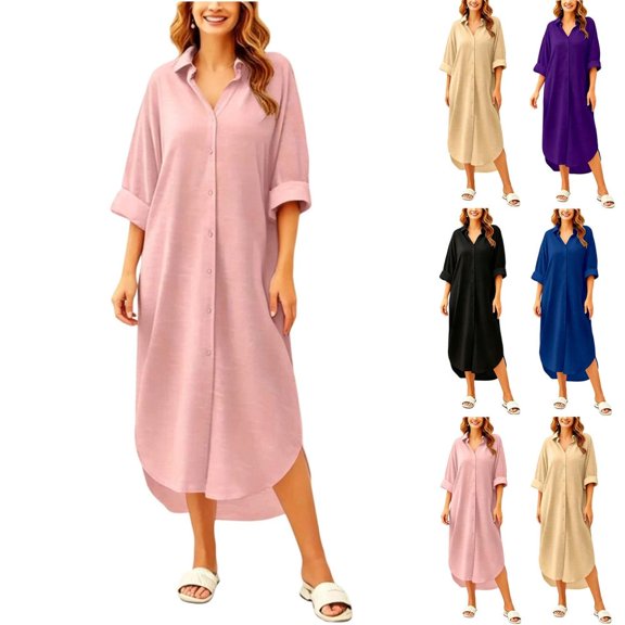 Bxsruta Womens Button Down Shirt Dress Casual Long Sleeve Collared Midi Dresses Beach Cover Up