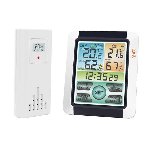 Zootealy Wireless Indoor Outdoor Hygrometer Thermometer Temperature Humidity Display Monitor Digital Weather Forecast Station Clock Atomic Alarm Clock with Colorful Touchscreen Adjustable Backlight