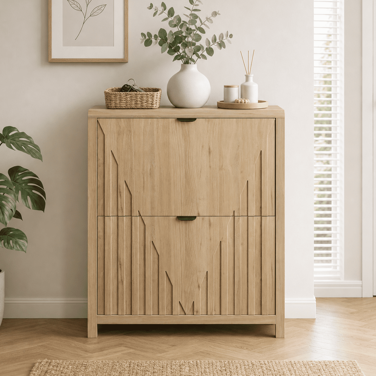 31.5 Inch Oak Flip-Down Shoe Cabinet with Vertical Carved Panels, Large Capacity Dustproof Freestanding Entryway Shoe Rack Holds 12-16 Pairs for Hallway Foyer