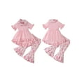thumbnail image 2 of Kids Girl Summer Outfit Solid Color Ruffles Short Sleeve Dress Tops Boots Hat Print Flare Pants Neckerchief 3Pcs Clothes Set, 2 of 9