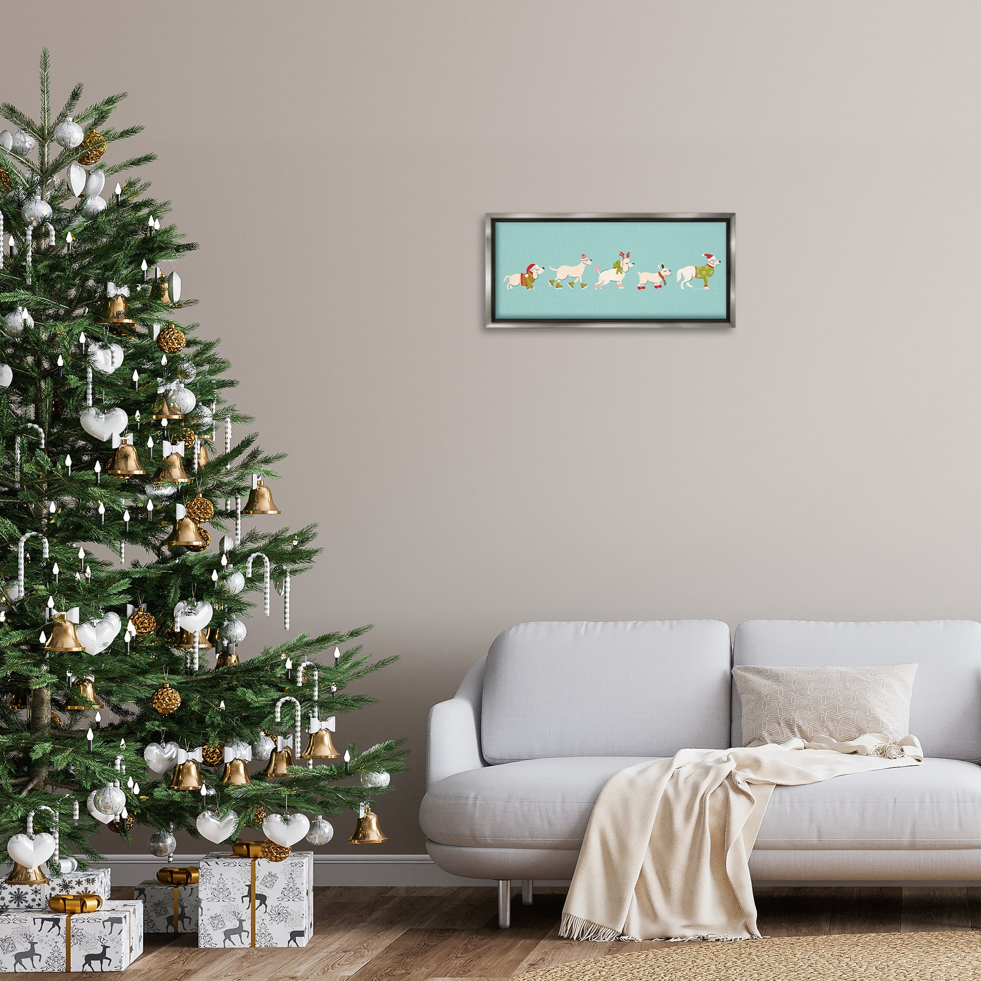 Stupell Industries Festive Dog Breeds Holiday Painting Gray Floater Framed Canvas Art Prints Wall Art, 25 x 11