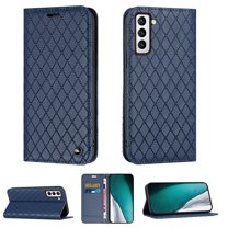 Samsung S21 Wallet Case, Luxury Premium PU Leather Rhombus Diamond RFID Blocking Card Holder Slot, Shockproof Magnetic Closure TPU Case Flip Cover with Kickstand For Samsung Galaxy S21,Blue