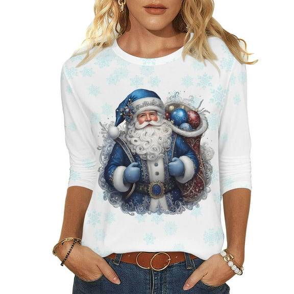 LiMoi Women's 3/4 Sleeve Round Neck Holiday Santa Claus Graphic Print Casual T-Shirt Tees Tshirts Tops for Christmas Season My Items