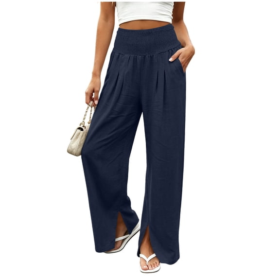 CHGBMOK Wide Leg Pants Woman Ruched High Waisted Palazzo Pant Summer Fall Flowy Beach Lounge Casual Trouser with Pockets