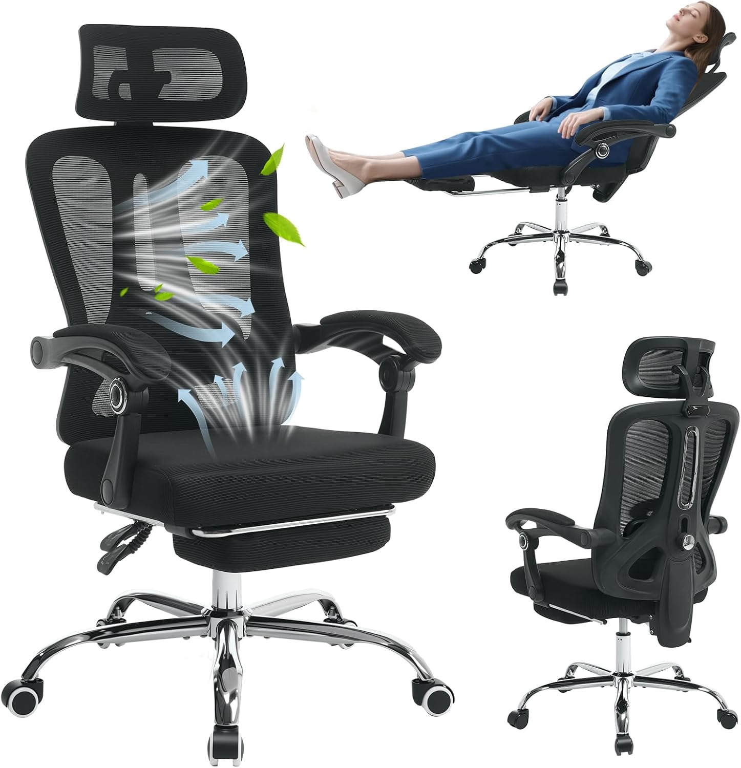 Ergonomic Office Chair with Footrest, High-Back Mesh Gaming Chair with Synchronized Reclining, 3D Adjustable Armrests & Lumbar Support, Swivel Computer Desk Chair for Home Office, Black