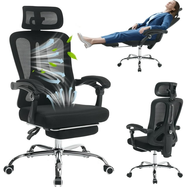 Twister.CK Ergonomic Office Chair with Footrest, High-Back Mesh Gaming Chair with Synchronized Reclining, 3D Adjustable Armrests & Lumbar Support, Swivel Computer Desk Chair for Home Office, Black