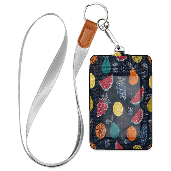 PU Leather Badge Holder ID Badge Holder with Lanyard for Cards & Credentials Cartoon Variety Of Fruits