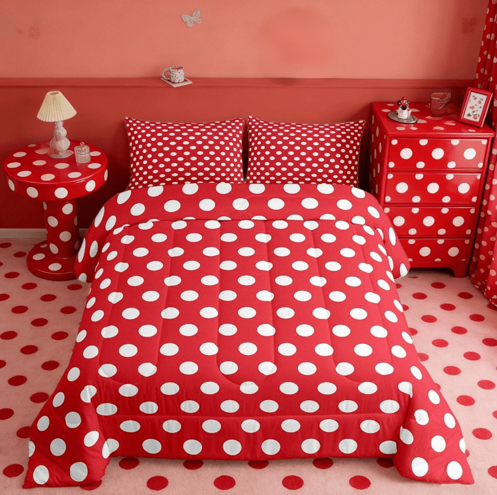 jejeloiu Modern Dot Bedding Comforter Set,Abstract Geometric Geometric Twin Comforter Sets,Red White Bedding Set,Breathable Bedroom Decor Reversible,2pcs