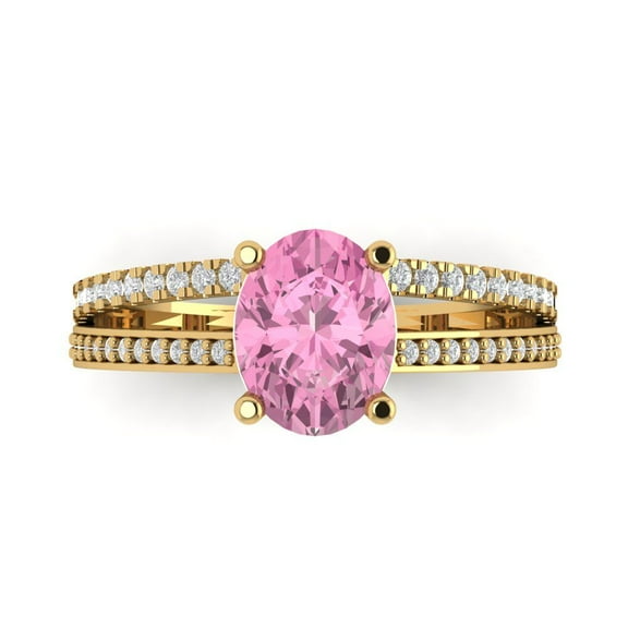 2.32 ct Oval Cut Simulated Pink Diamond Solitaire with Simulated Diamond Accents 14K Yellow Gold Womens Engagement Ring