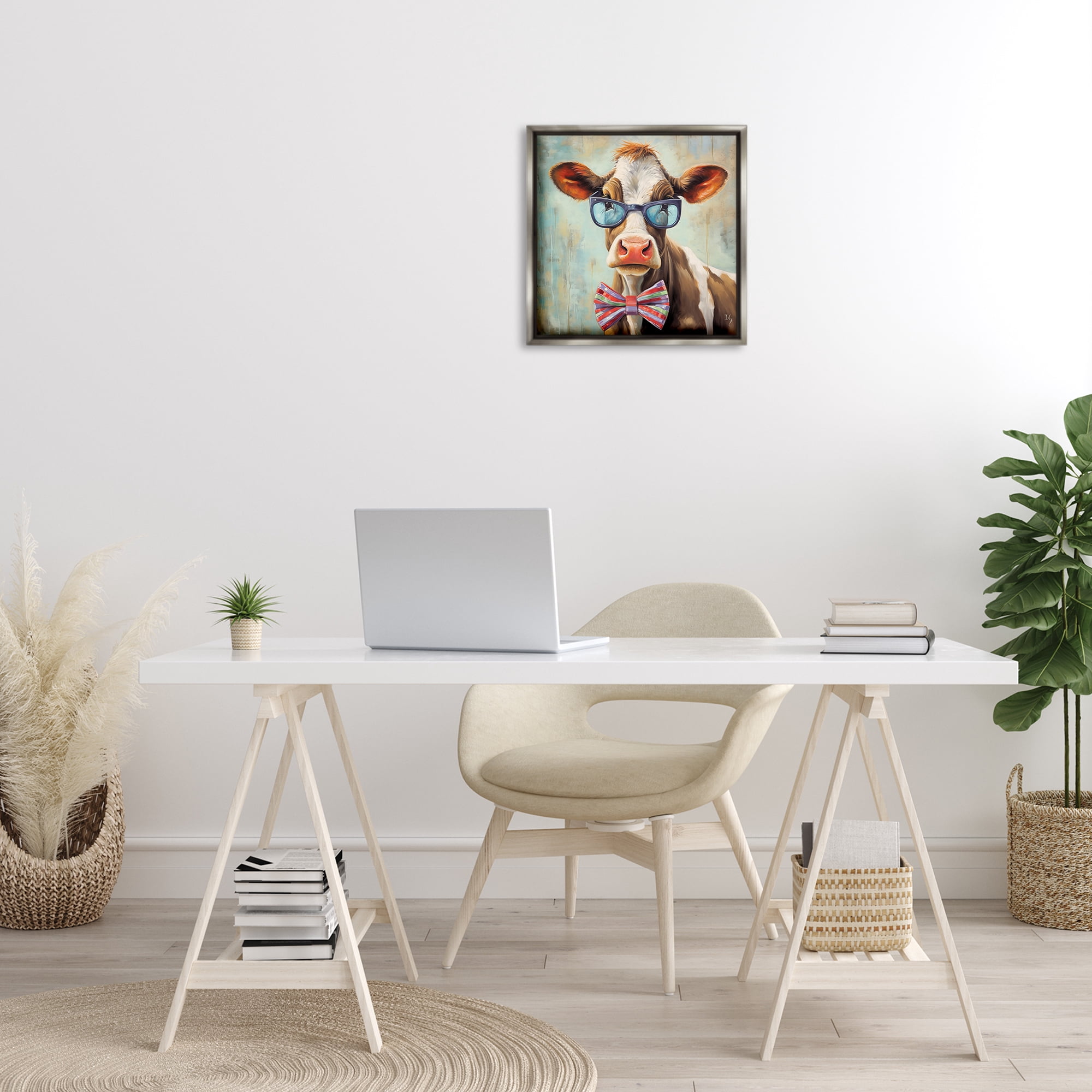Stupell Industries Hipster Cow with Bowtie Animals & Insects Painting Gray Floater Framed Canvas Art Print Wall Art, 18 x 18
