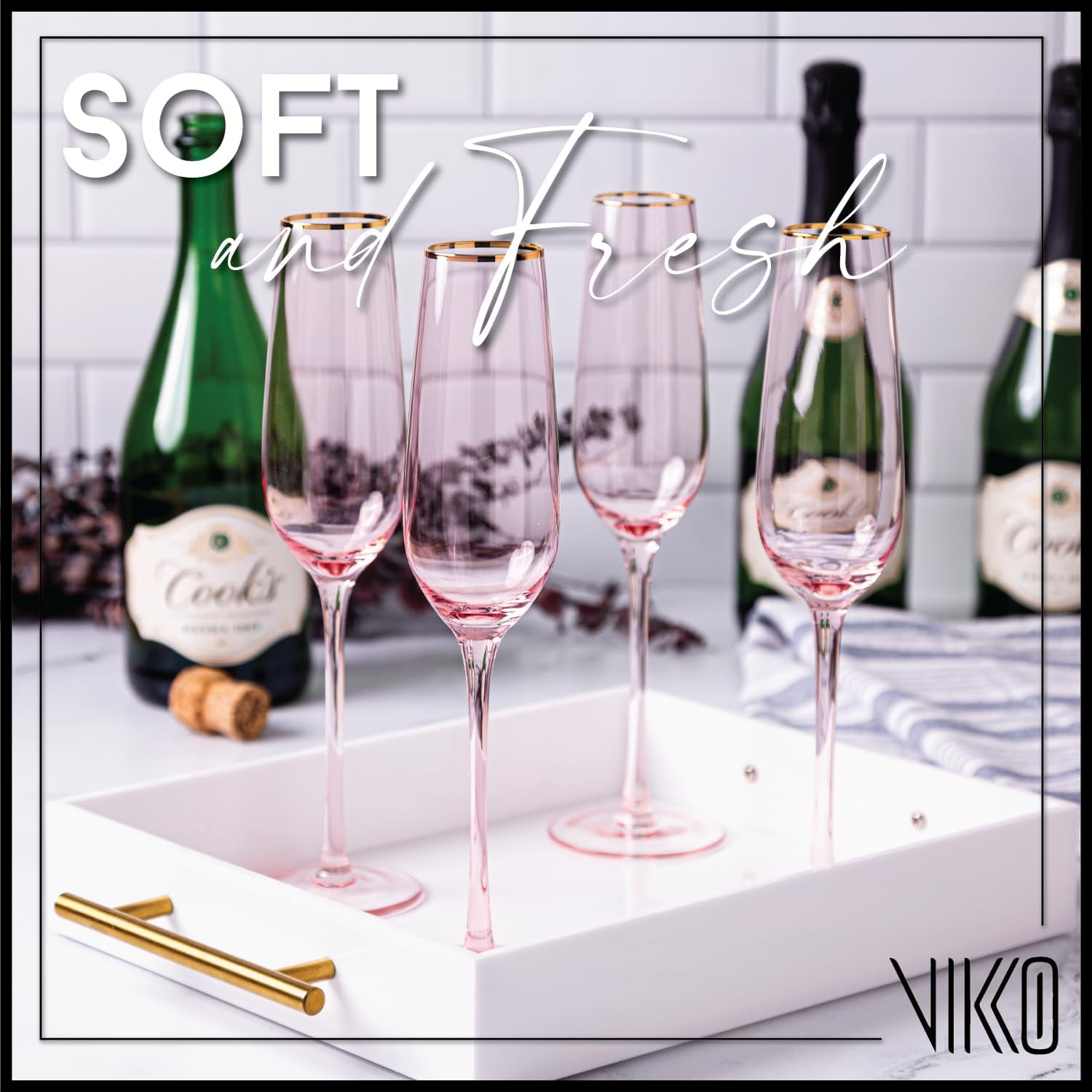 Vikko Champagne Flutes, 8.5 Ounce Toasting Champagne Flute, Pink with Gold Rim Crystal Clear Champagne Glasses, Set of 4 Elegant Sparkling Wine Glasses