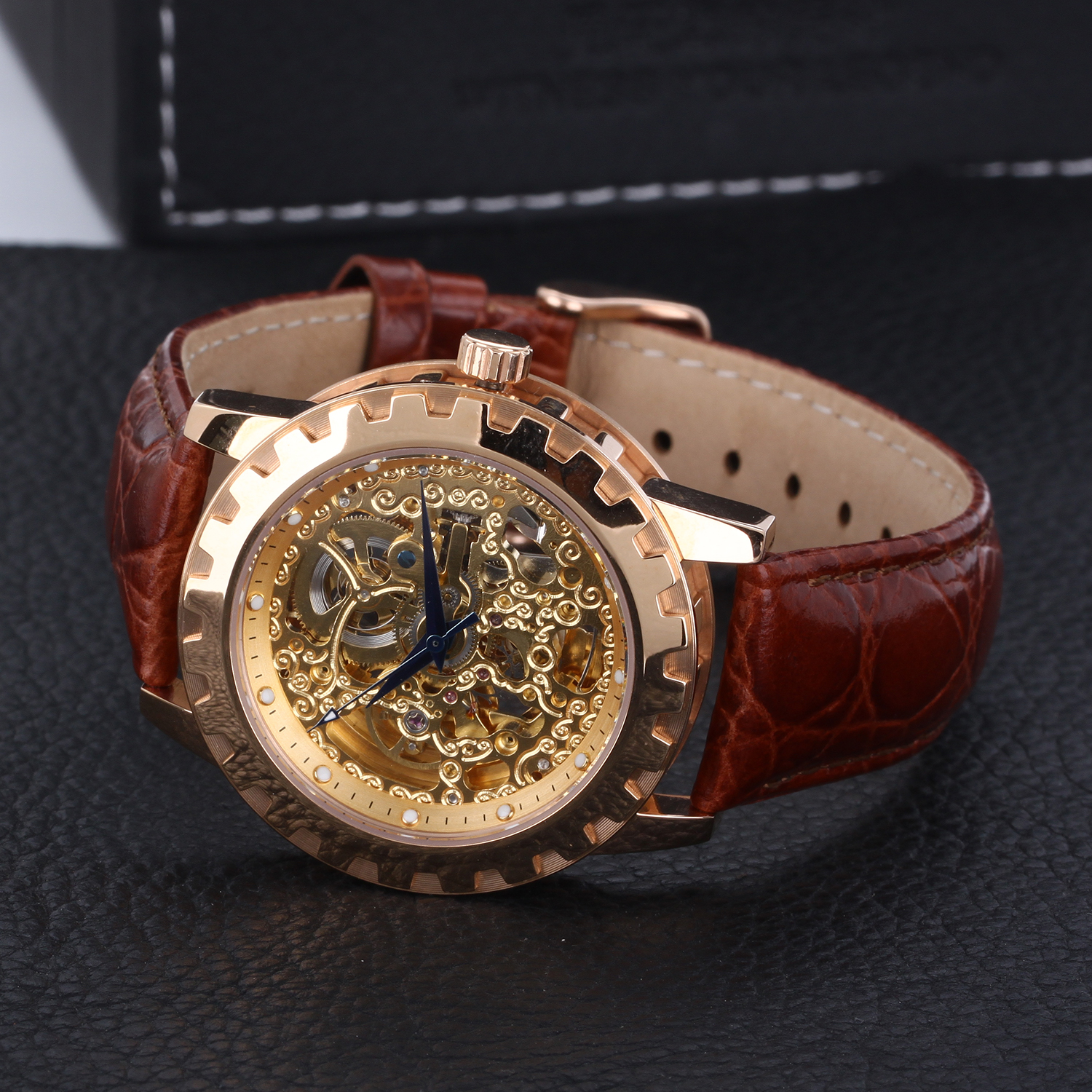 BERNY Automatic Watches for Men, Luxury Skeleton Mechanical Watch Self Winding Carved, Exhibition Caseback, Luminous, 5ATM Waterproof, Stainless Steel, Vintage Men's Leather Watch (Rose Gold)