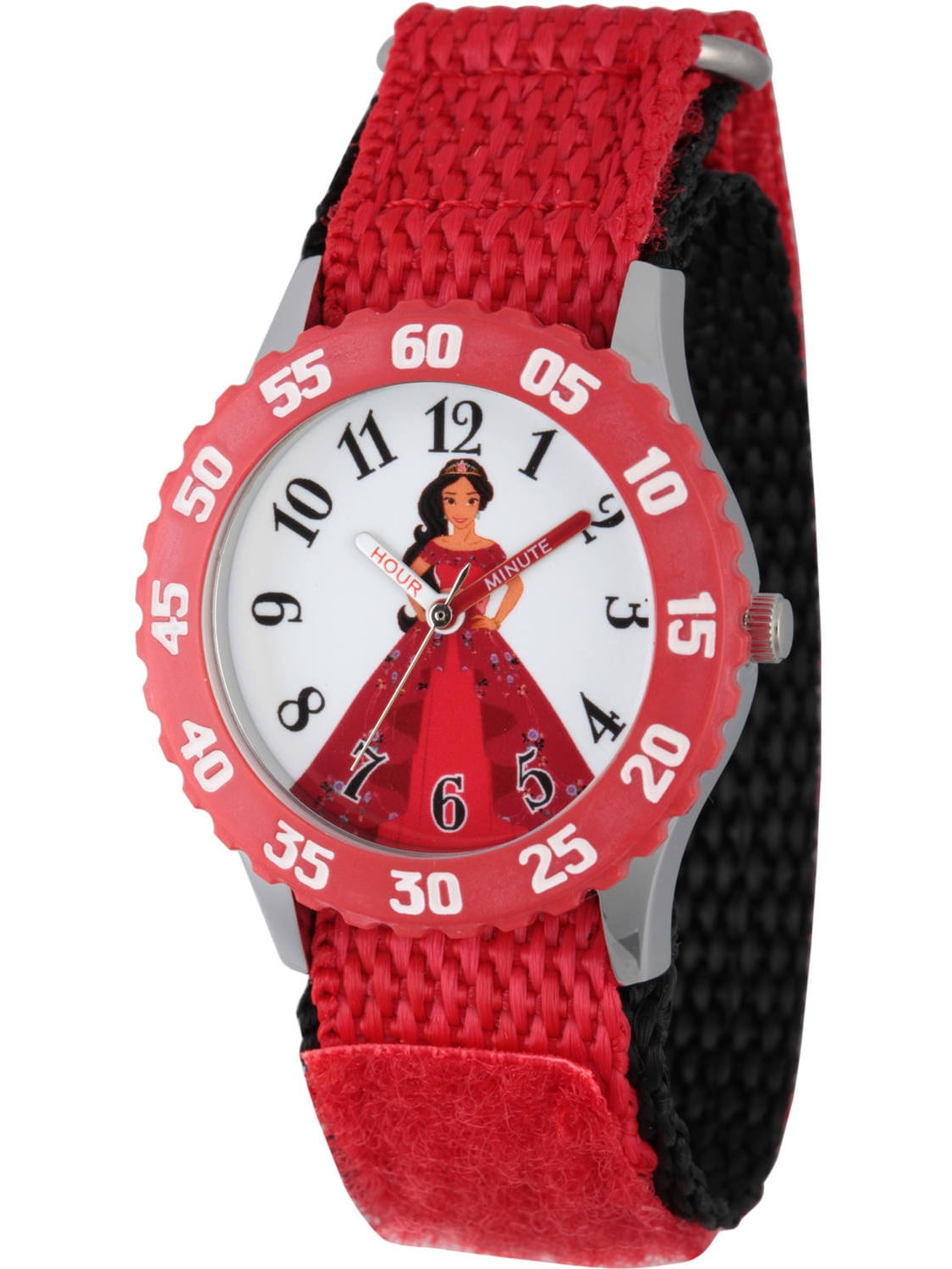 Elena of Avalor, Elena Girls' Stainless Steel Time Teacher Watch, Red Bezel, Red Hook and Loop Nylon Strap with Black Backing