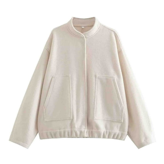 HTNBO Womens Wool Blend Jacket Oversized Bomber Jacket Casual Stand Collar Button Down Varsity Shacket Coat Outerwear