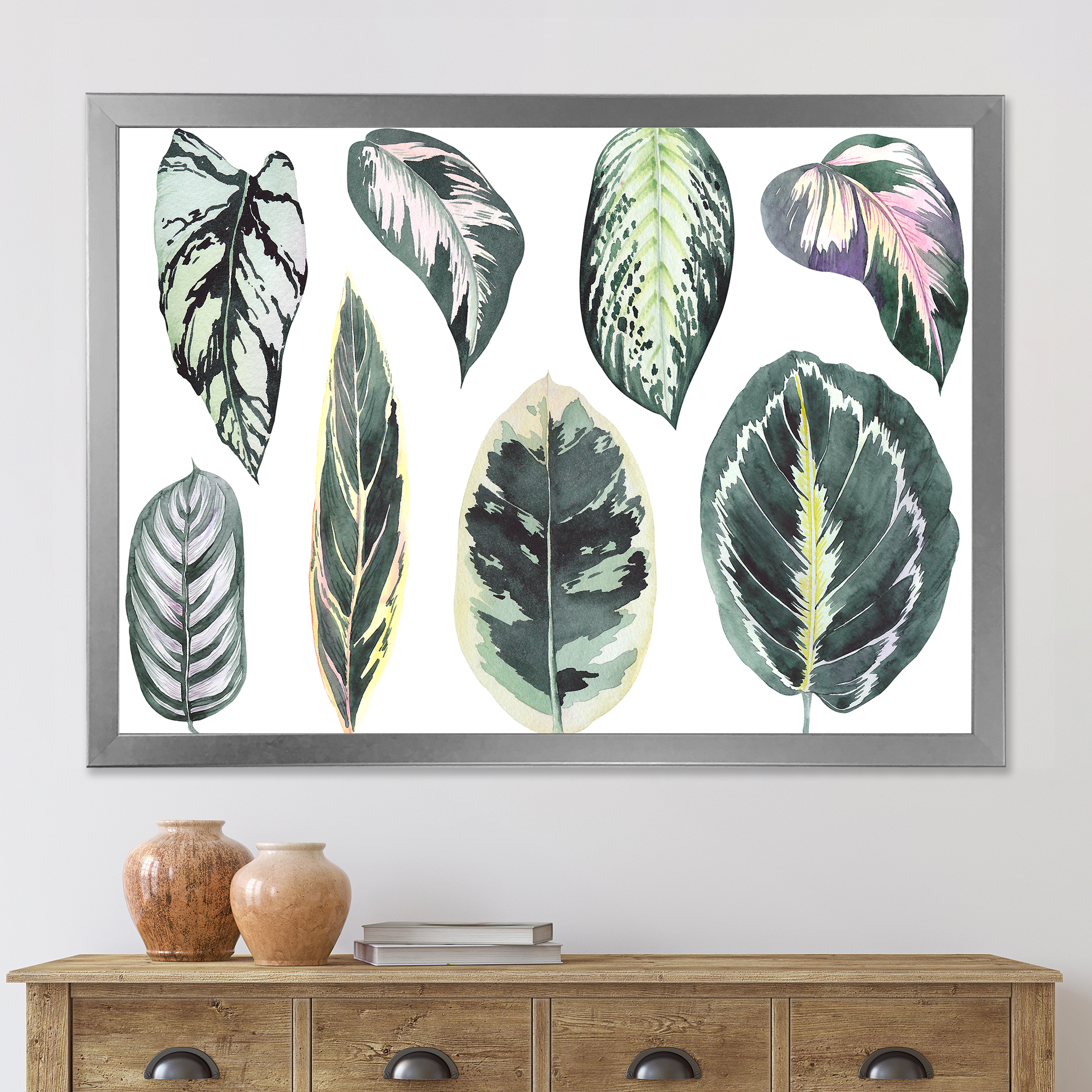 Designart 'Tropical Calathea Leaves On White' Bohemian & Eclectic Framed Art Print