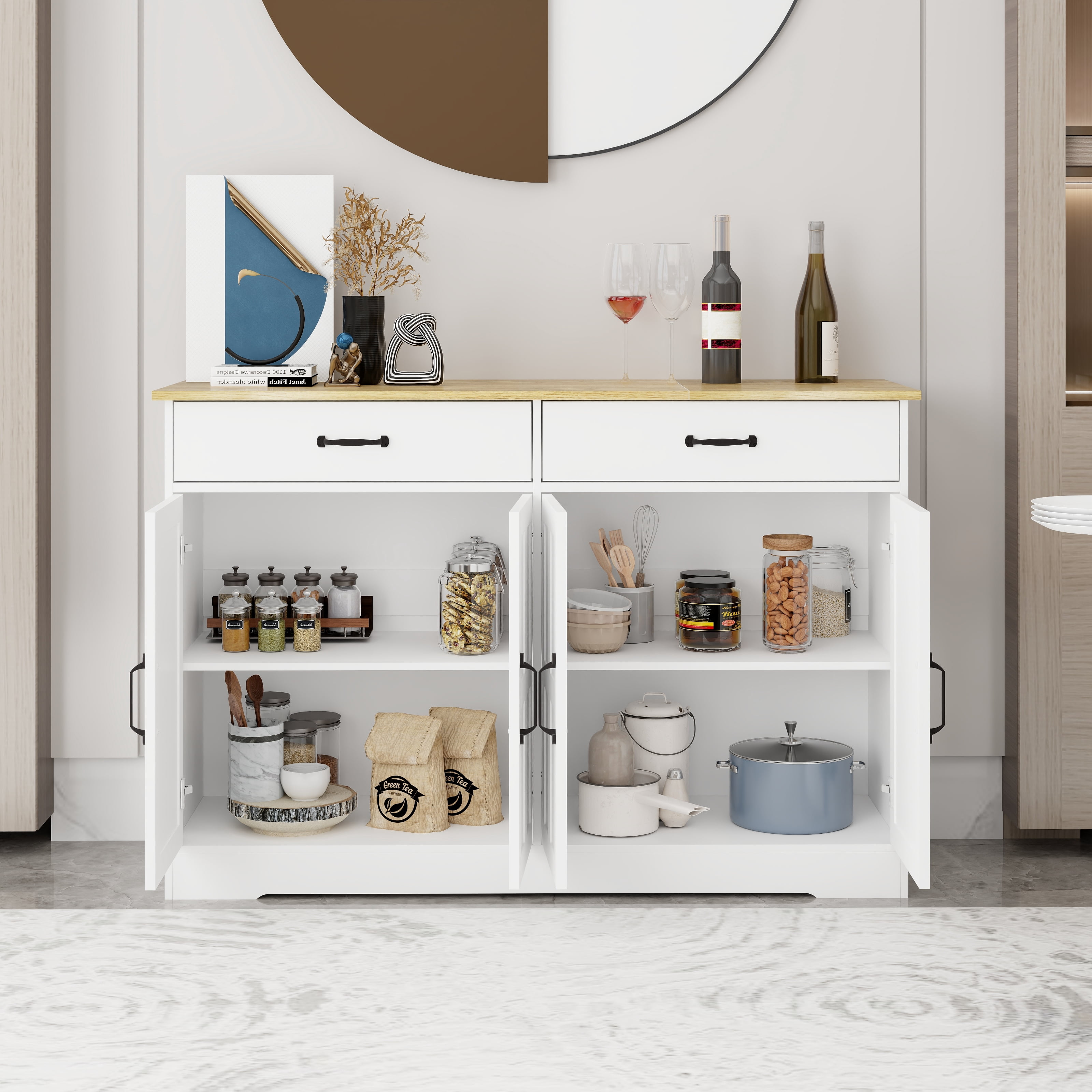 Mintazer Farmhouse Sideboard Buffet Cabinet with 2 Drawers & 4 Doors, Freestanding Storage Cupboard for Kitchen Dining Room Living Room, White