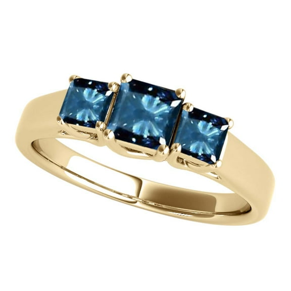 1 Carats Blue Princess Cut Brilliant Diamond Ring 10K Solid Yellow Gold