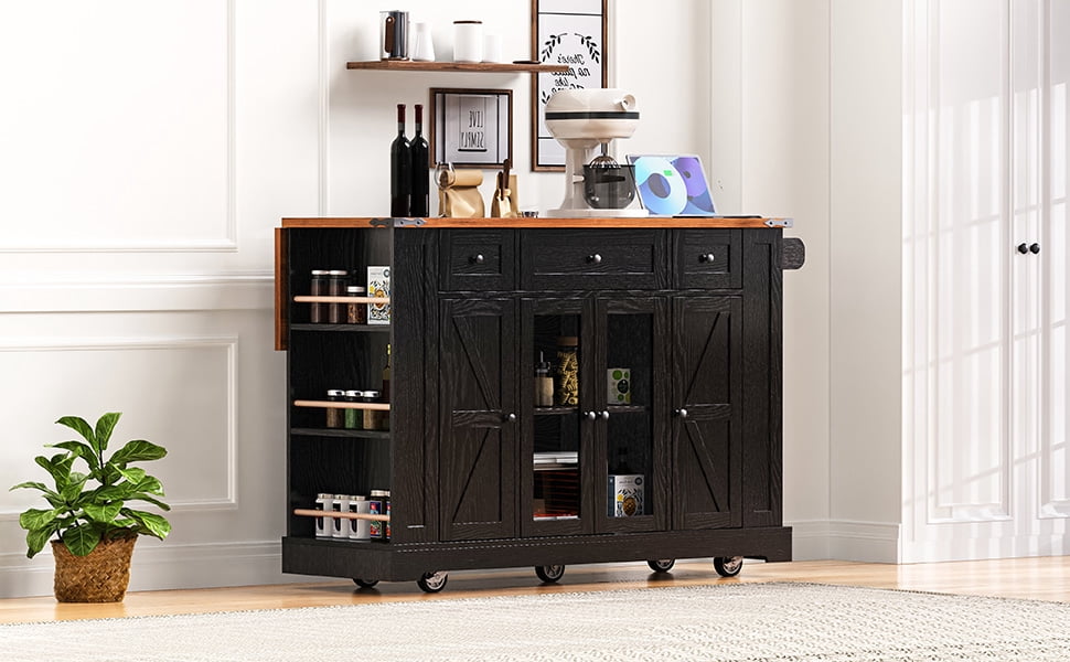 Yoneston 53" Farmhouse Kitchen Island with Power Outlet, Multifunctional Wheeled Kitchen Trolley with Drop Leaf, 5 Open Side Racks and 3 Drawers for Kitchen, Dining Room, Black
