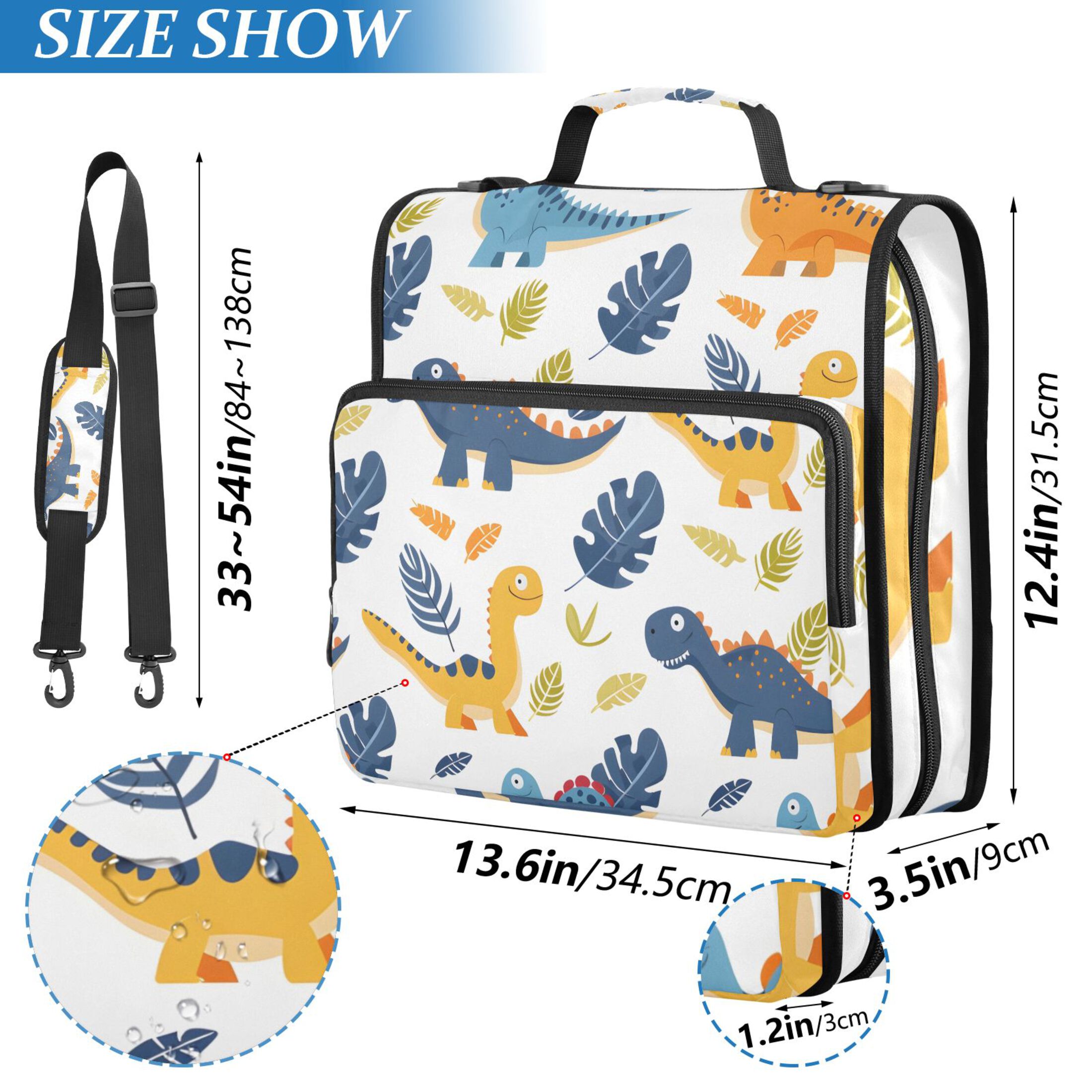 3 Ring Zipper Binder with Shoulder Strap Waterproof Trapper Keeper 2 Inch D-Ring 500 Sheets Capacity Cartoon Dinosaur and Leaf