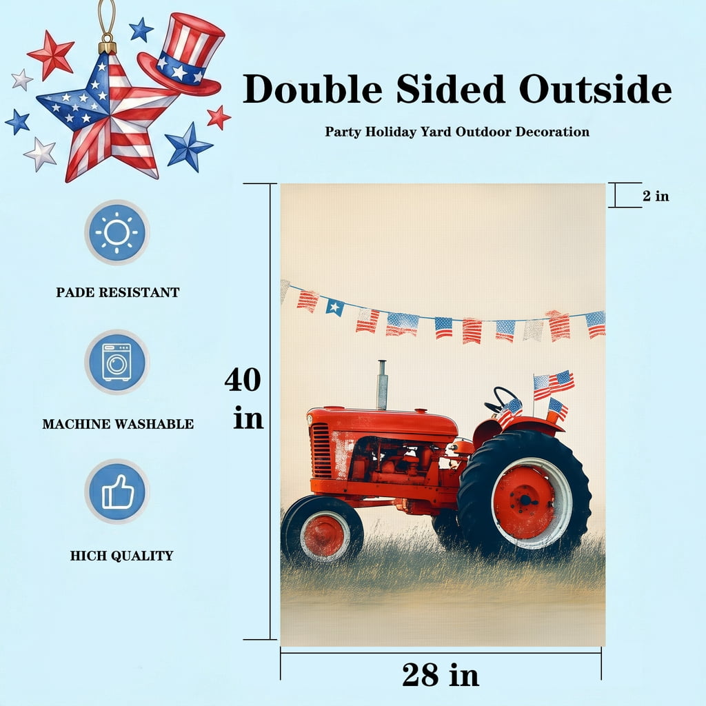 250th anniversary usa garden flag A red tractor with american flags hanging from the side of it. * usa decor 28 x 40 In Large Flag patriotic front porch decor