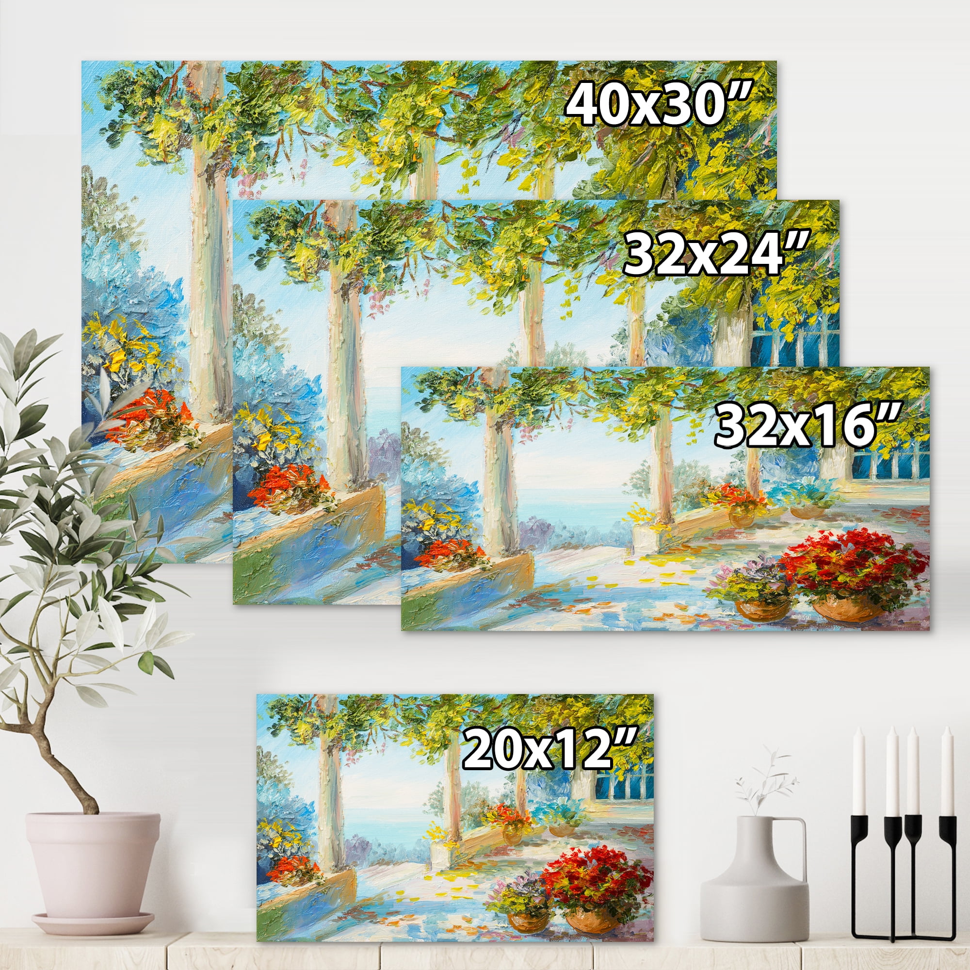 Designart ' Terrace With Red Flowers Near The Sea ' Nautical & Coastal Canvas Wall Art Print
