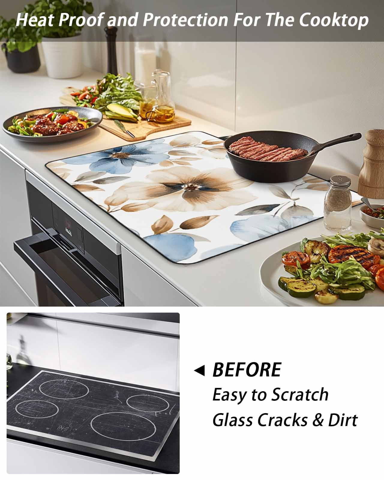 Stove Top Covers for Electric Stove, Blue Brown Spring Floral Glass Stovetop Cover Protector, Summer Botanical Watercolor Induction Cooktop Protector Oven Mat for Kitchen Countertop 24"x21"