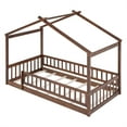 thumbnail image 7 of Twin Size Floor Bed Frame with Roof, Solid Wood Montessori Bed with Fence-Shaped Guardrails and Slat Support, Playhouse Bed for Kids Boys Girls, No Box Spring Needed, Walnut, 7 of 7