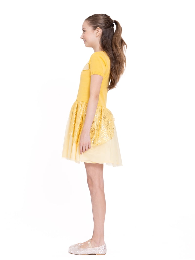 short belle dress Girls Disney Princess Beauty and the Beast Belle Cosplay Short Sleeve  Sweater Dress, Sizes 4-12