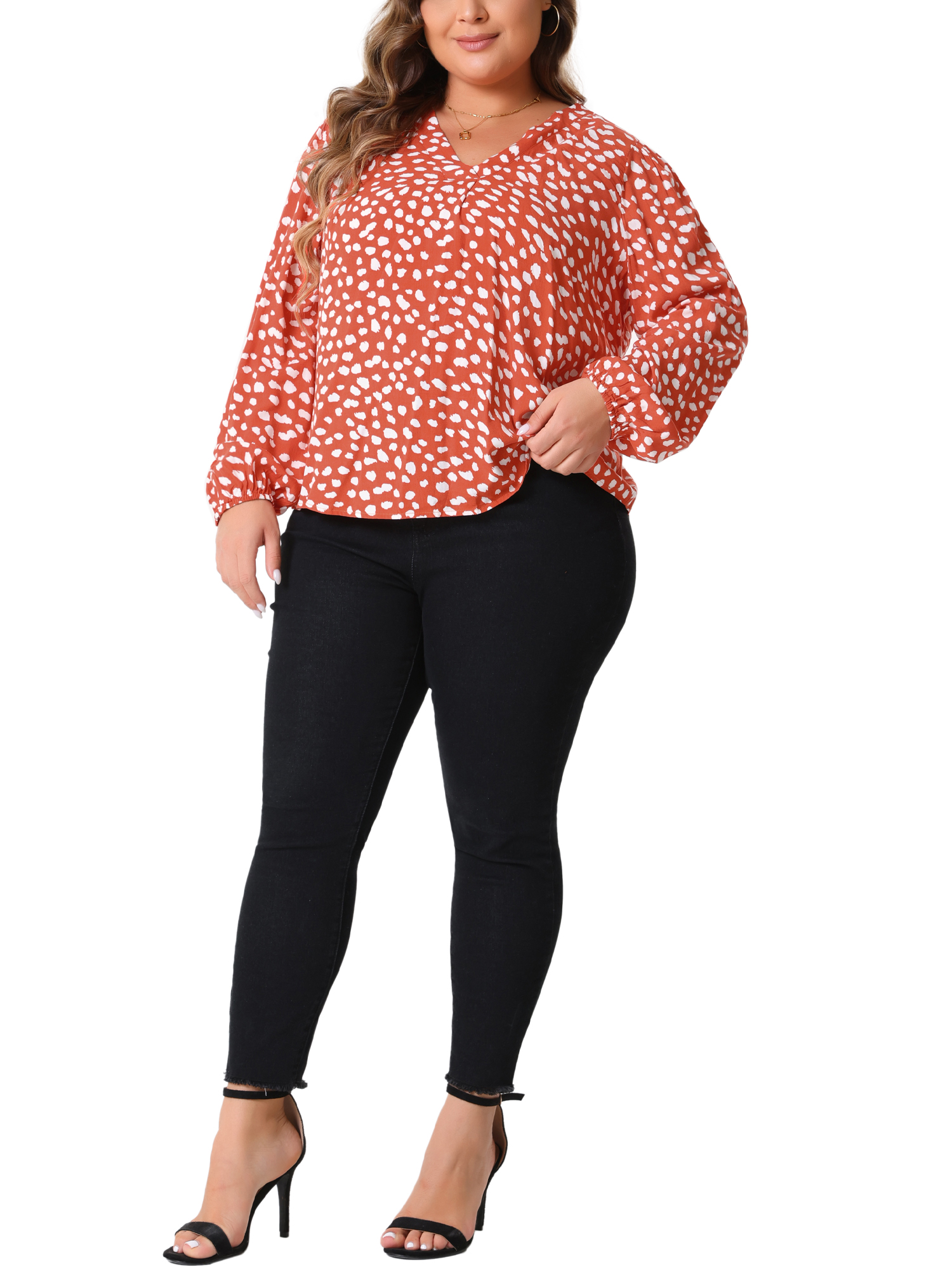 DARING DIVA Women's Plus Polka Dot V Neck Long Sleeve Blouse 4X Orange