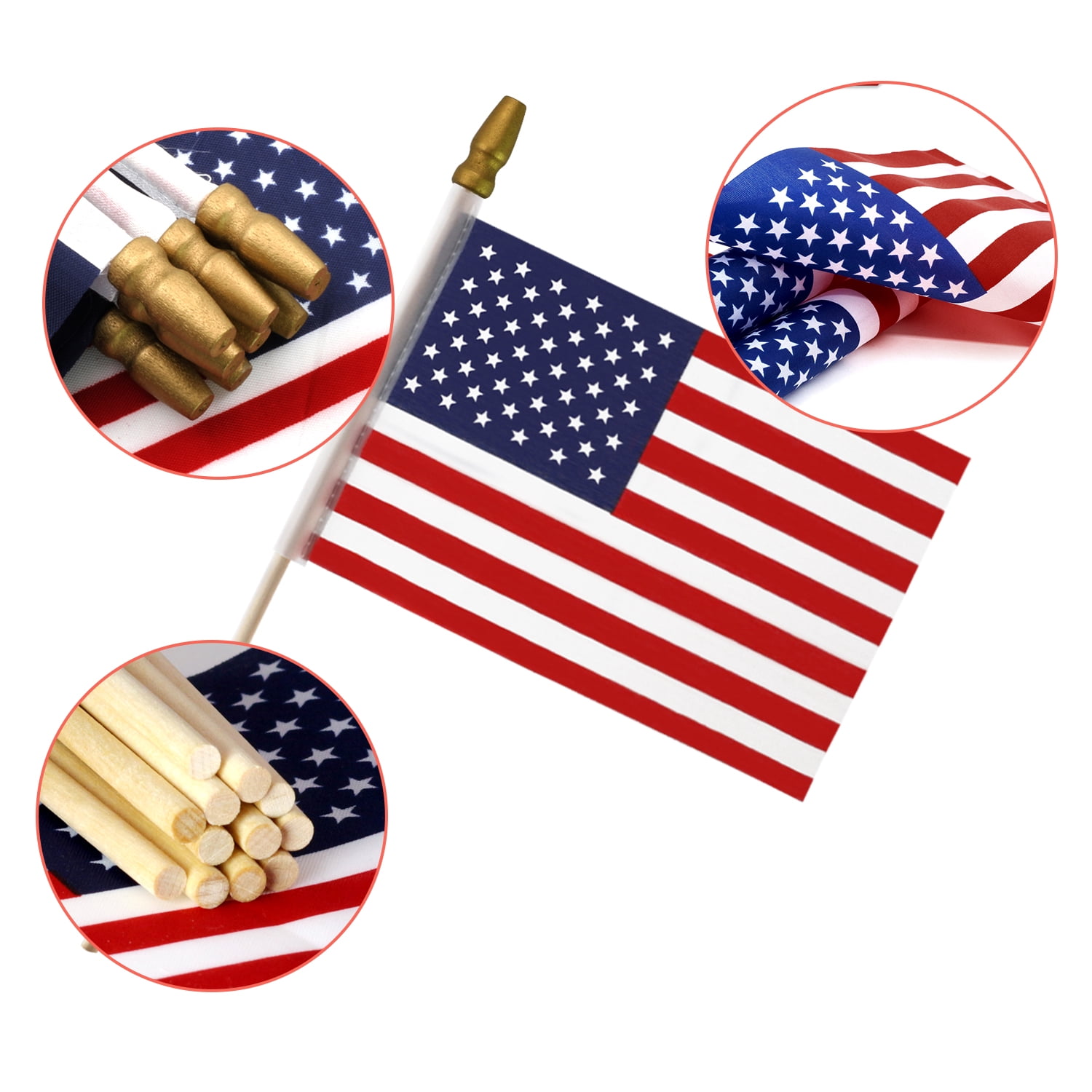 Anley LOT OF 100 - USA 4x6 in Wooden Stick Flag - July 4th Decoration, Veteran Party, Grave Marker, etc. - HandHeld American Flag with Kid Safe Golden Spear Top (Pack of 100)