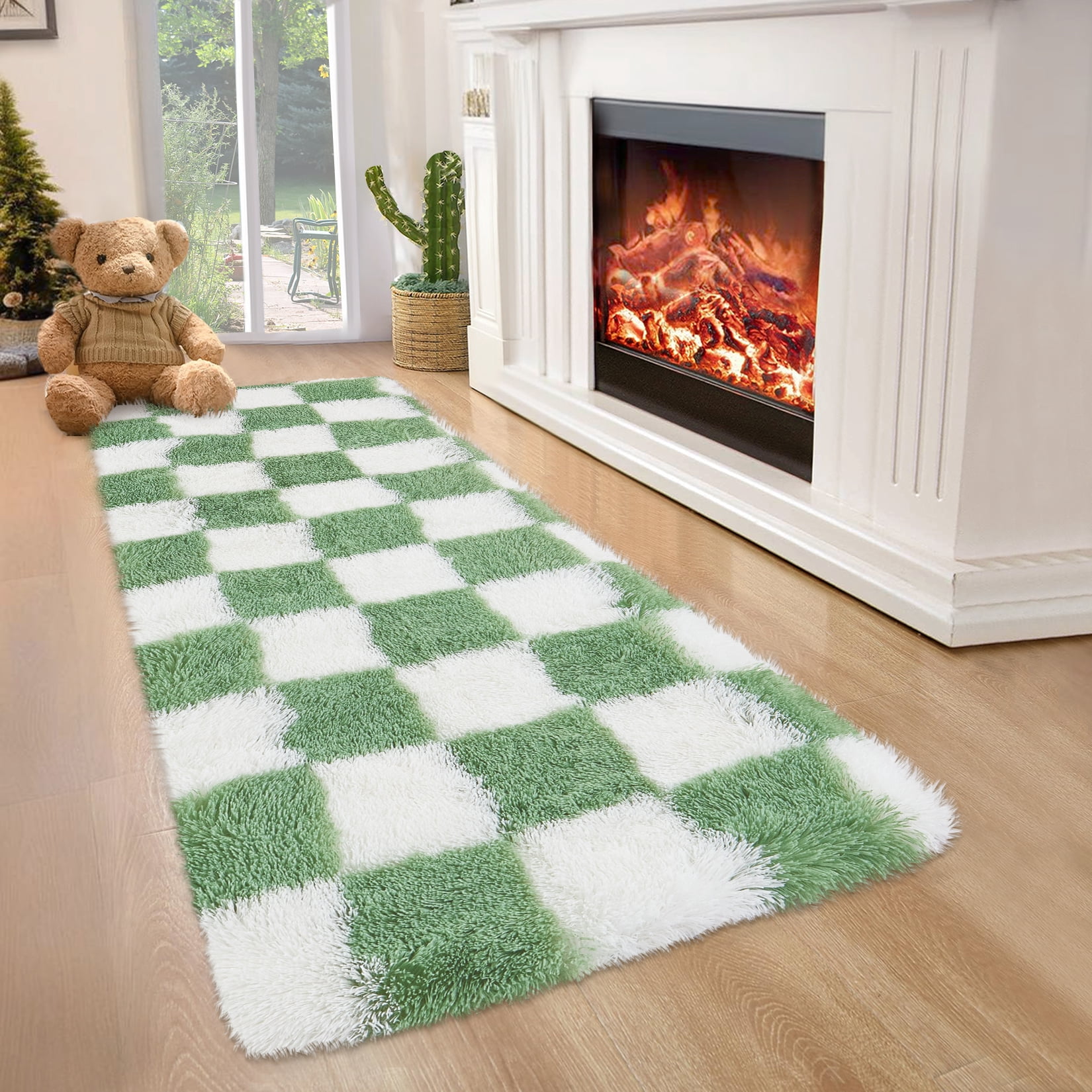 COZONY 2x6 Checkered Thick Runner Rug, Soft Plush Shag Area Rug with Non-Slip Backing for Entryway or Nursery, Green